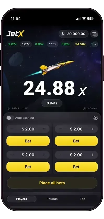 SmartSoft JetX provider promotional mobile screenshot showing four separate bet panels